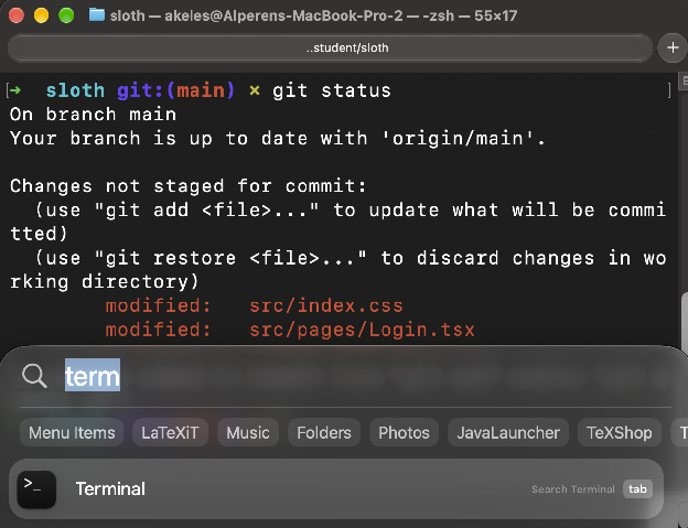 A terminal running git status, with Spotlight searching for “term”